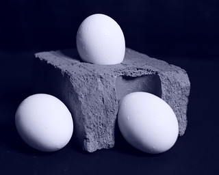 Cyanotype still Life with 3 eggs and a brick (Richard P Brown)