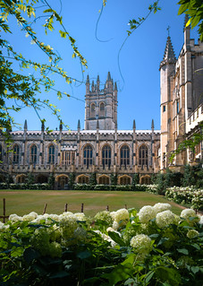 The cloisters, Magdalen College, Oxford, with Magdalen Tower in the background. (philipwhitcombe)