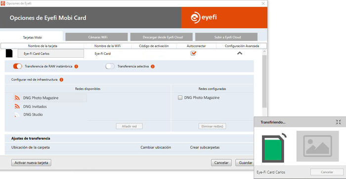 Opciones de Red de infraestructura de Eyefi Mobi Pro