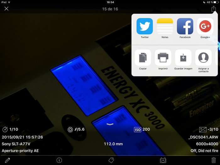 Foto en App para iPad con datos EXIF y opciones de compartir