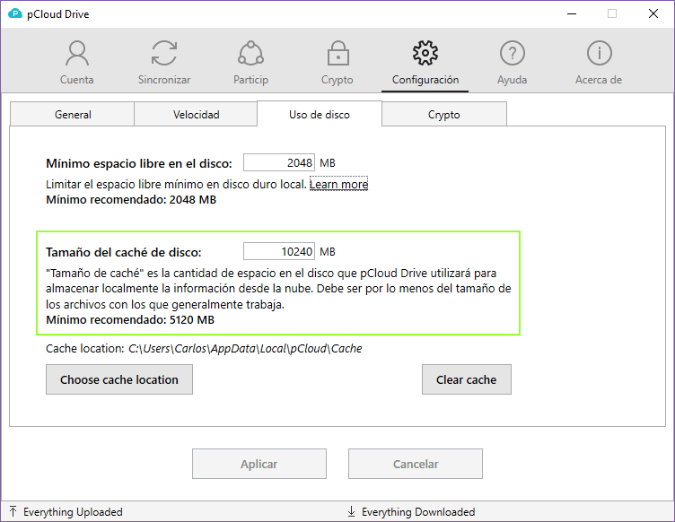 opciones cache pCloud