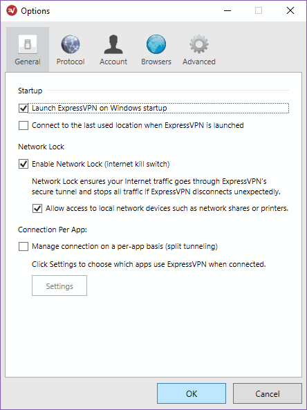 ExpressVPN opciones generales